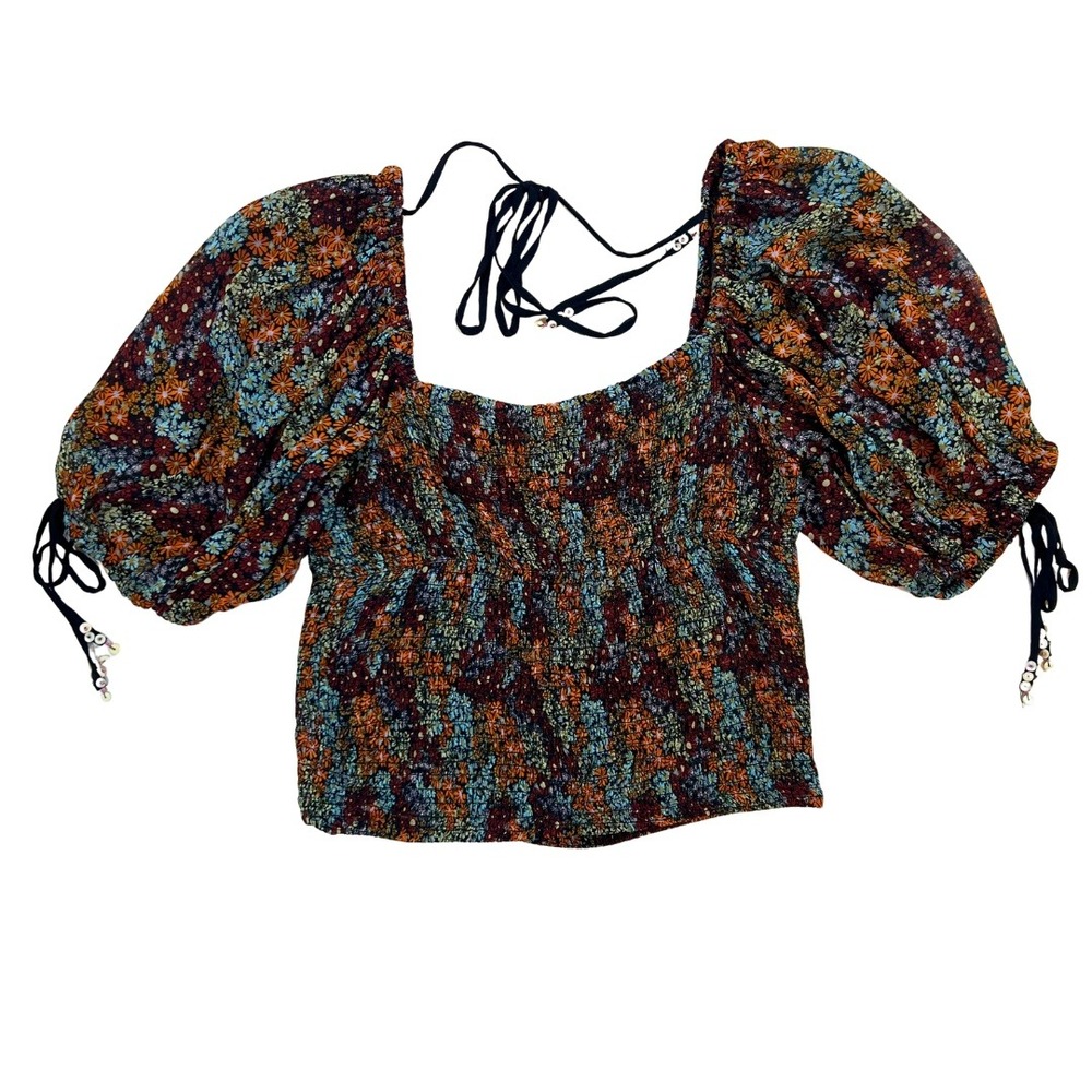 Free People Floral Smocked Puff Sleeve Crop Top Multi Color OB1505273 Womens M